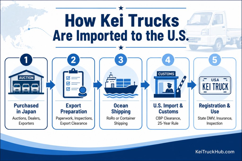 alt="5-step infographic showing the kei truck import process from Japan to the U.S., including purchase, export prep, ocean shipping, U.S. customs, and state registration"