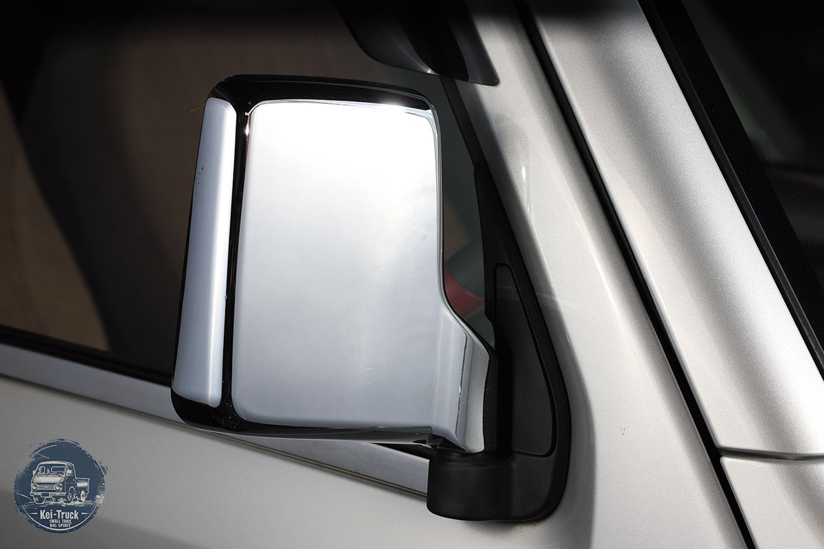 Close-up of a reflective silver-colored side-mirror housing on a vehicle door.