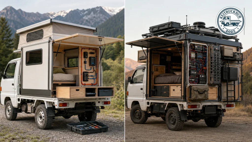 Two kei truck builds comparing a simple work setup with a more complex custom build, with a KeiTruckHub logo mark.