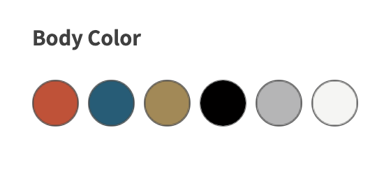 Daihatsu Atrai Deck Van body color lineup showing six available finishes including red, teal, gold, black, silver, and white options.