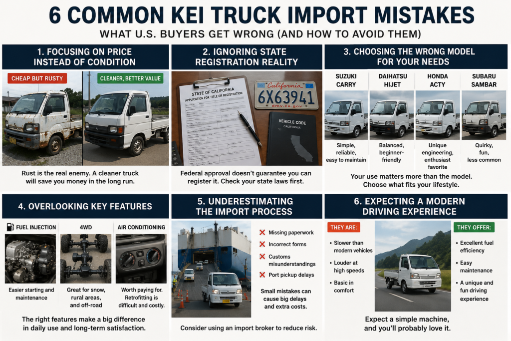 Infographic listing the 6 common kei truck import mistakes U.S. buyers make — focusing on price instead of condition, ignoring state registration reality, choosing the wrong model, overlooking key features, underestimating the import process, and expecting a modern driving experience