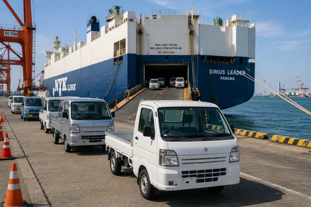 kei truck shipping japan to usa cargo ship roll on roll off vehicle export port scene