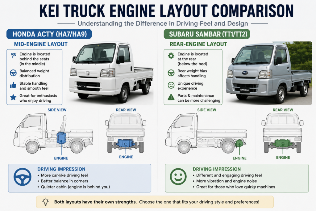 kei truck engine layout comparison honda acty mid engine vs subaru sambar rear engine