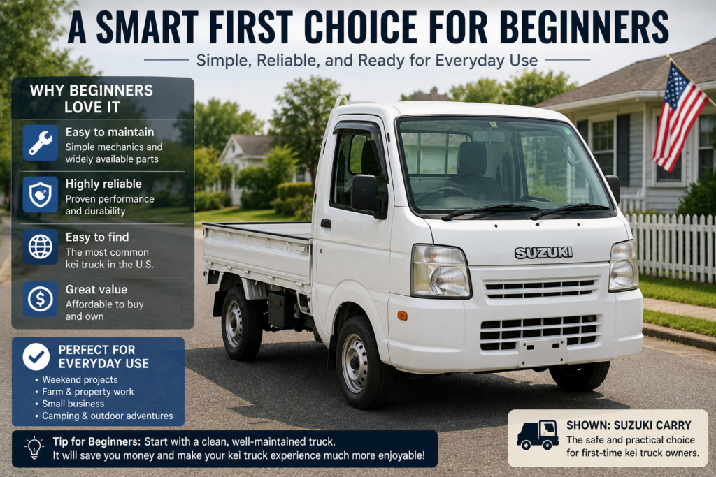 Infographic guide showing the smart first kei truck choice for beginners — simple, reliable, and ready for everyday use