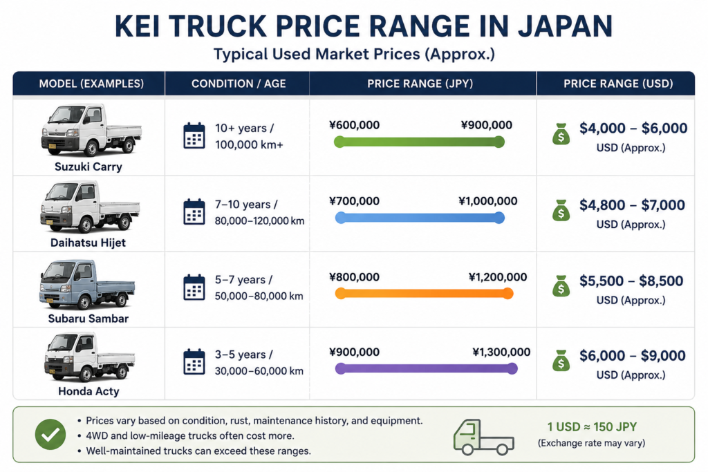 Infographic showing typical used kei truck price ranges in Japan for Suzuki Carry, Daihatsu Hijet, Subaru Sambar, and Honda Acty, listing JPY and USD ranges by age and mileage
