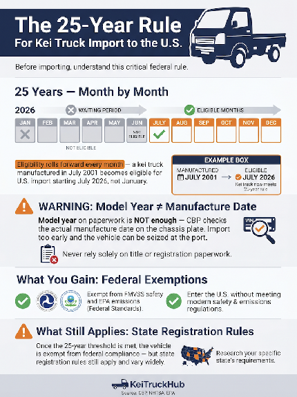 Infographic listing the 6 common kei truck import mistakes U.S. buyers make — focusing on price over condition, ignoring state registration, choosing the wrong model, overlooking key features, underestimating the import process, and expecting a modern driving experience