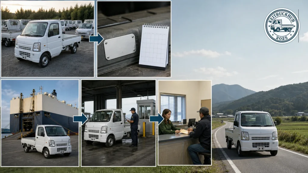 Branded KeiTruckHub illustration showing a kei truck moving from a Japanese vehicle yard through ocean shipping, U.S. customs, and registration.