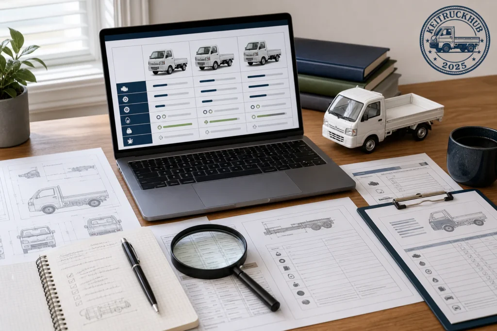 KeiTruckHub editorial research desk with kei truck specifications, comparison notes, technical drawings, and the KeiTruckHub logo.