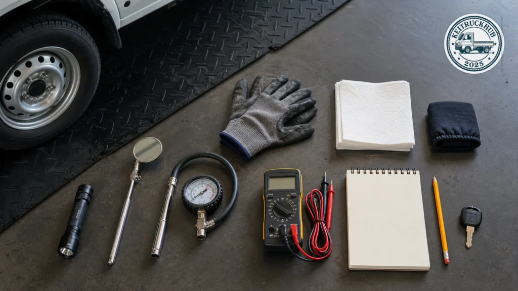 Kei truck inspection kit with a flashlight, mirror, tire gauge, gloves, multimeter, and notepad, with a KeiTruckHub logo mark.