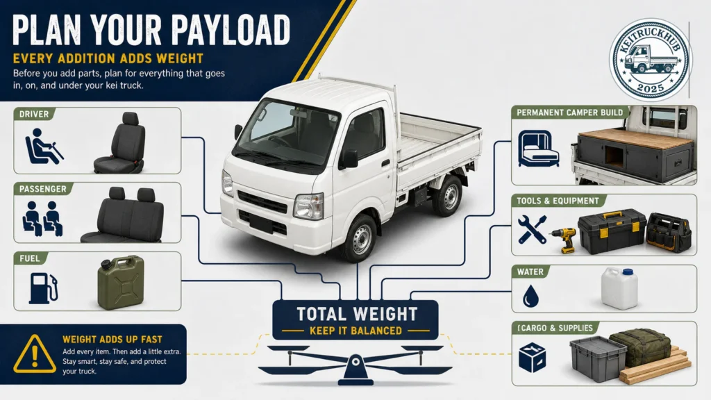 Kei truck payload-planning graphic showing cargo and equipment, with a KeiTruckHub logo mark.