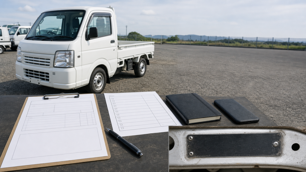 Blank import checklist and chassis identification plate beside a kei truck before purchase.