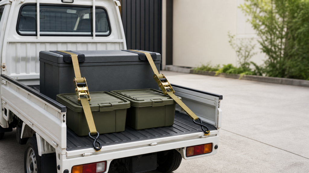 Two ratchet straps securing cargo bins and a toolbox in a kei truck bed.